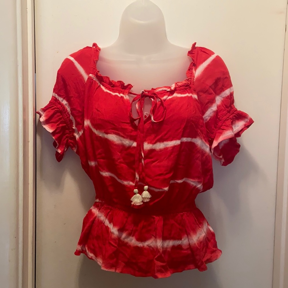 MISS ME Red and white tie-dyed summer blouse S